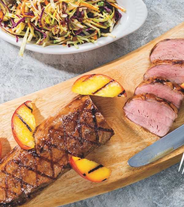 Asian Grilled Pork Tenderloin with Grilled Peaches and Slaw