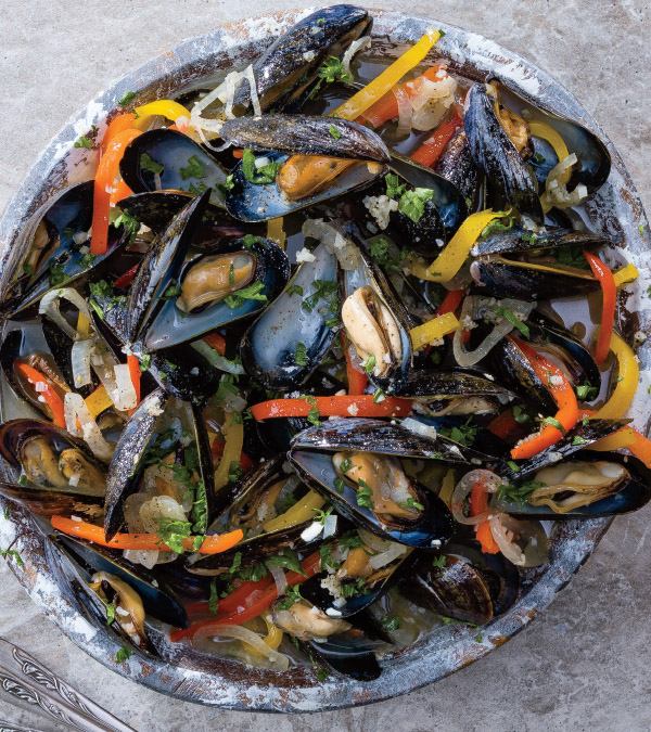 Beer-Steamed Mussels with Peppers & Shallots