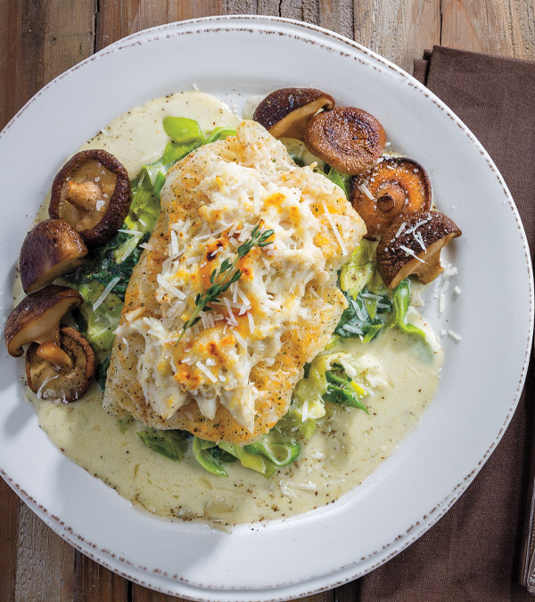 Crab & Parmesan Encrusted Cod with Creamed Leeks, Spinach and Shiitakes