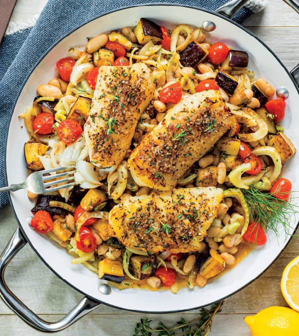 Fennel-Crusted Cod with Sicilian Cannellini Beans & Eggplant