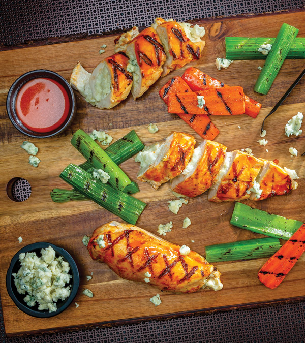 Grilled Buffalo Blue Cheese-Stuffed Chicken Breasts with Grilled Carrots & Celery