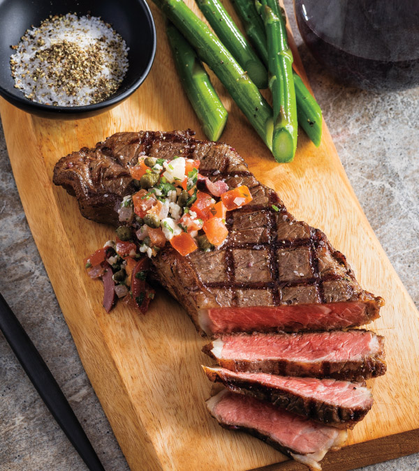 Grilled New York Strip Steaks with Tomato, Olive & Feta Relish