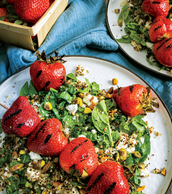 Grilled Strawberry Skewers with Pistachio-Quinoa Salad