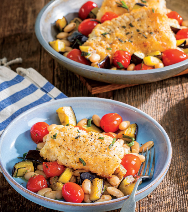 Pan-Roasted Cod Fillets with Sicilian Cannellini Beans & Eggplant