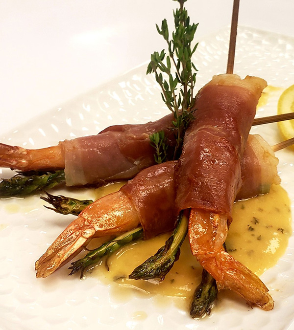Prosciutto Wrapped Shrimp with Asparagus & Garlic Parmesan Butter