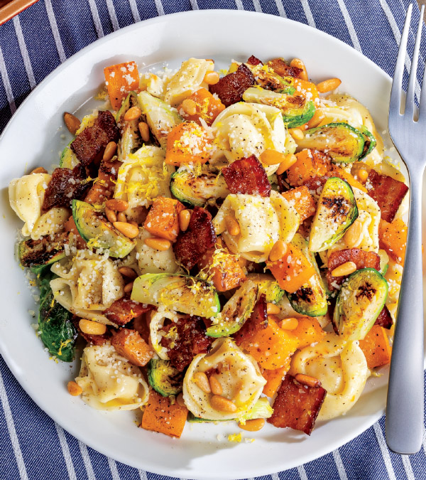 Sheet-Pan Butternut Squash, Bacon and Brussels Sprouts Tortelloni