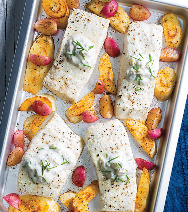 Sheet-Pan Halibut with Roasted Parsnips, Radishes & Green Chile Cream