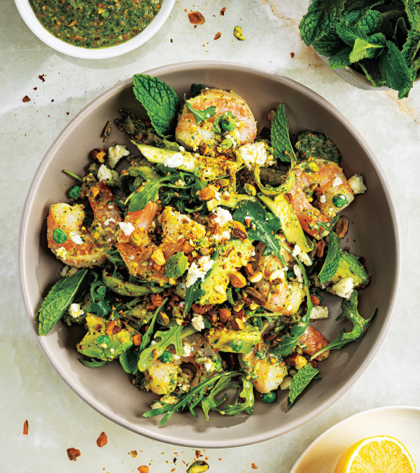 Shrimp, Asparagus and Pea Salad with Mint-Pistachio Pesto