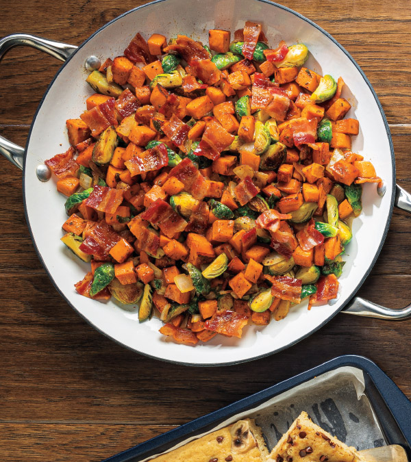 Skillet Sweet Potato & Brussels Sprouts Hash with Bacon