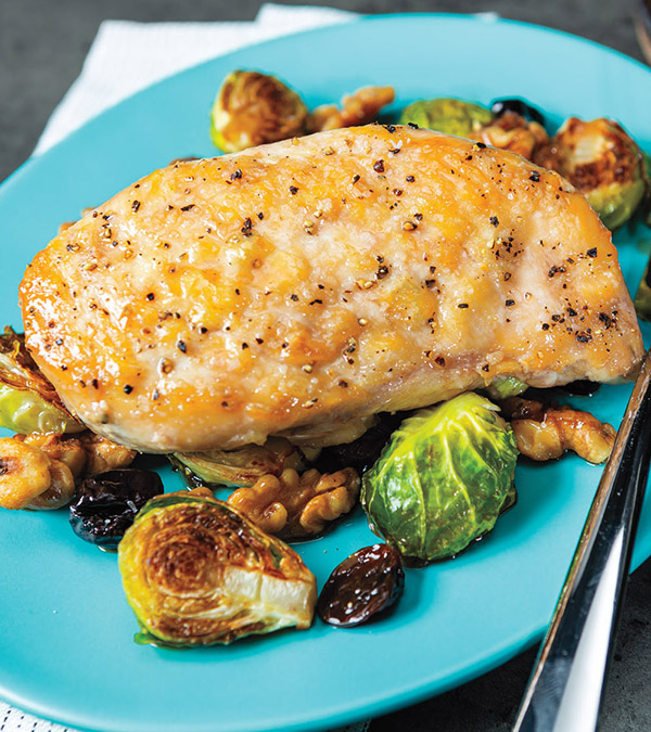 Skillet to Oven Chicken with Cherry-Maple Brussels Sprouts