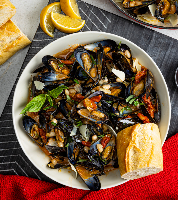 Smoky Mussels with Navy Beans