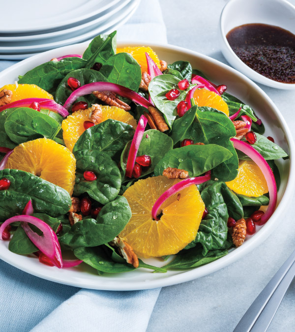Spinach, Pomegranate & Orange Salad with Quick Pickled Red Onions