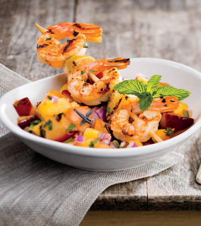 Tequila-Lime Shrimp Skewers with Grilled Fruit Salsa